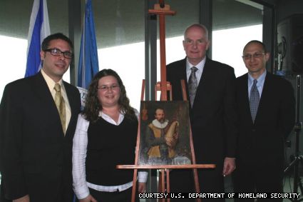 The first canvas was returned on April 20. From left, Director of the Max Stern Art Restitution Project Clarence Epstein,  Director of the Holocaust Claims Processing Office Anna B. Rubin, special agent-in-charge of ICE Office of Investigations in New York Peter J. Smith and acting U.S. attorney for the Southern District of New York Lev L. Dassin.